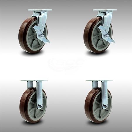 Service Caster 8 Inch SS Polyurethane Caster Set with Ball Bearings 2 Brakes 2 Rigid SCC SCC-SS30S820-PPUB-TLB-2-R-2